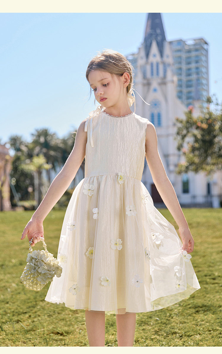 CHANZUIGOU Girls' French High-End Princess Dress 2026 Summer New Stylish Round Neck Floral Satin Dress 17